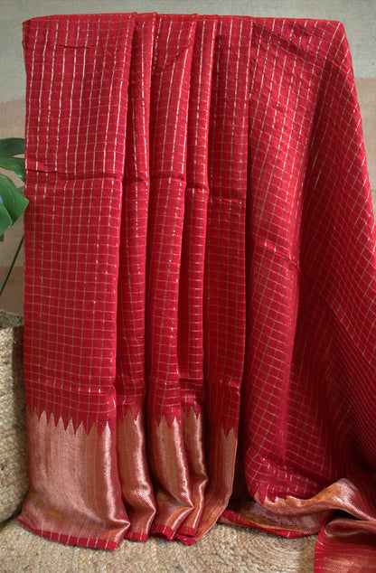 Matka Red Silk saree with checks and running blouse