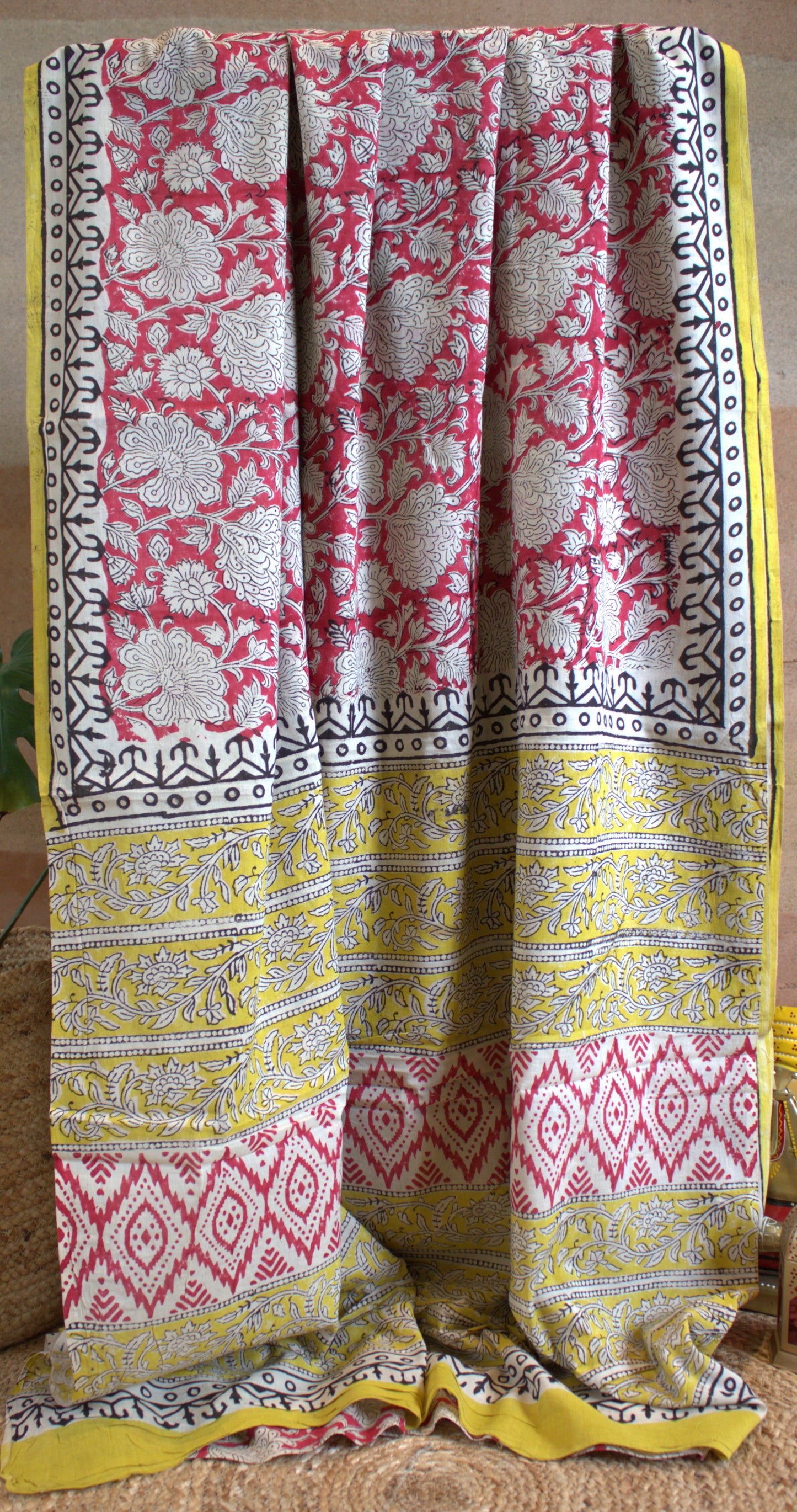 Mul Cotton Red saree Hand printed