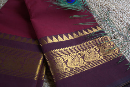 Chettinad cotton Maroon saree with Purple zari border (without blouse)
