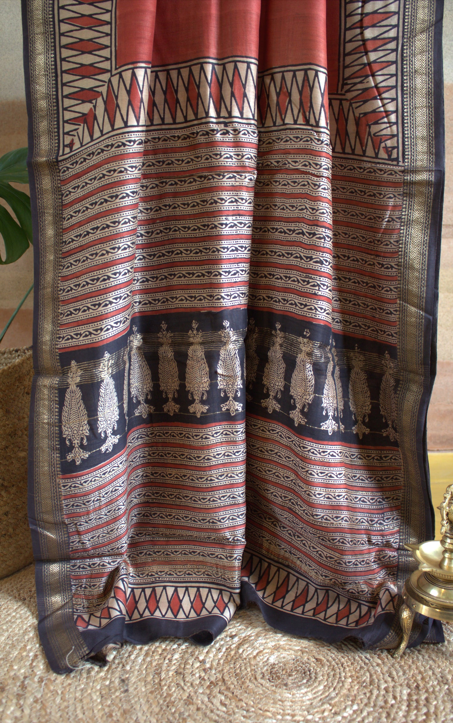 Maheshwari silk Red saree with hand block printed zari border and contast blouse