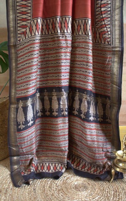 Maheshwari silk Red saree with hand block printed zari border and contast blouse