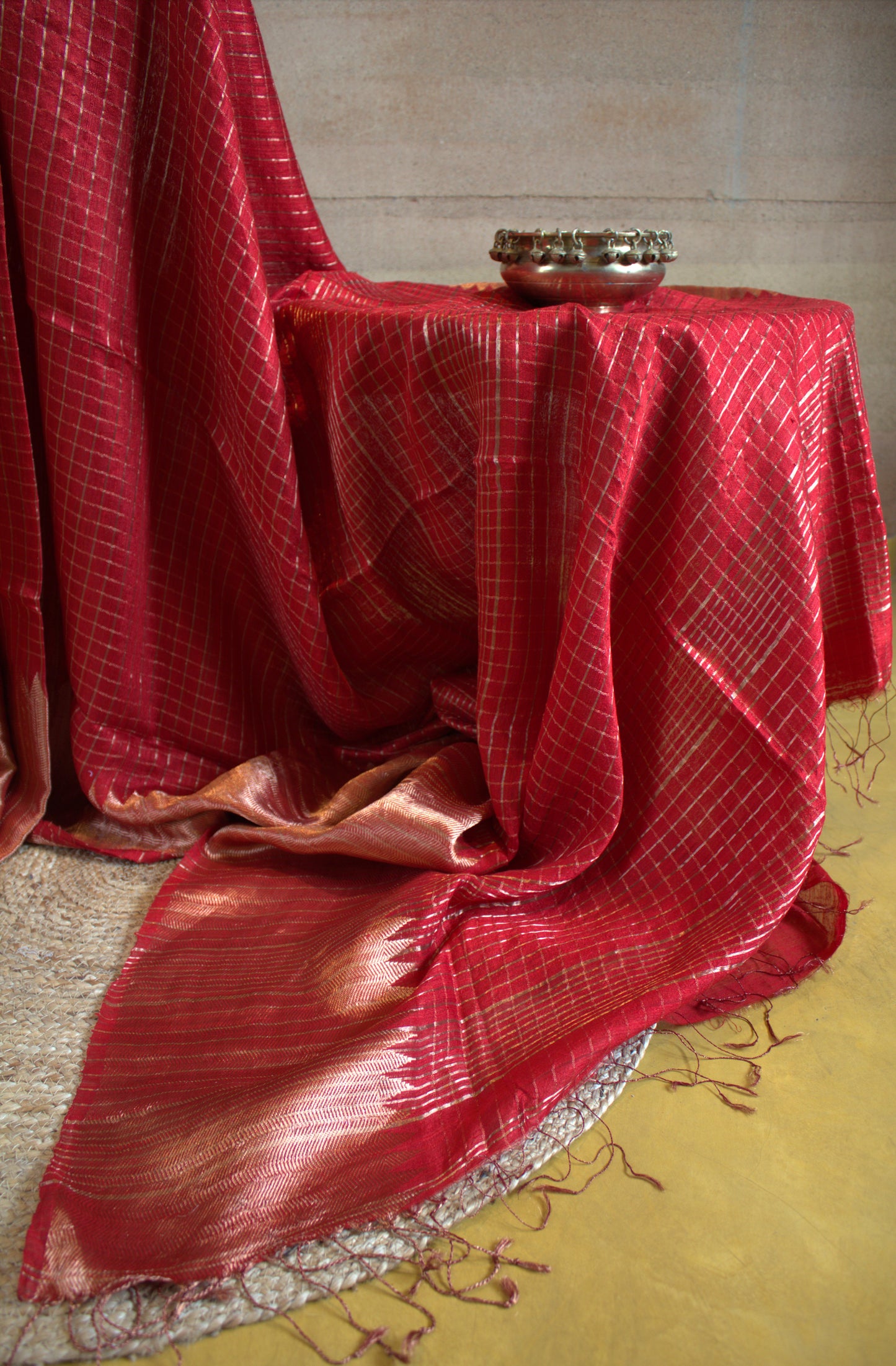 Matka Red Silk saree with checks and running blouse