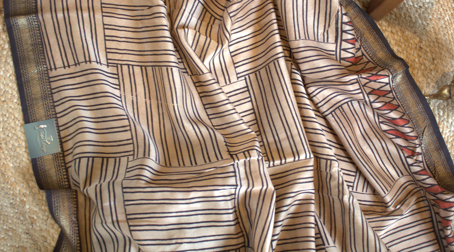 Maheshwari silk Red saree with hand block printed zari border and contast blouse