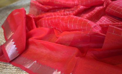 Mangalgiri Red checks silk cotton saree with silver zari and running blouse