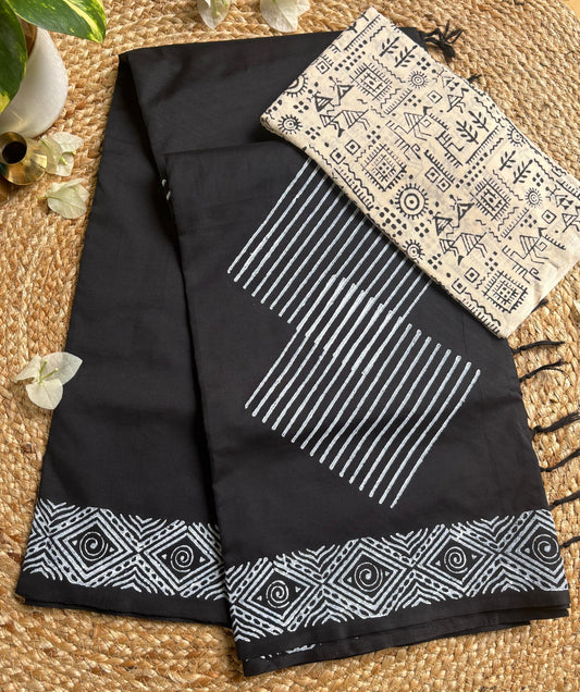 South cotton Black saree with contemporary hand block print