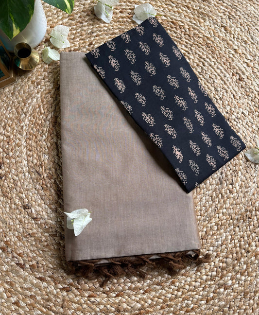 South cotton Beige saree plain with printed blouse