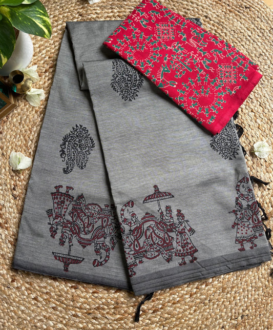 South cotton Grey saree with hand block print