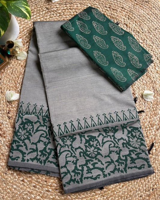 south cotton Grey saree with hand block print