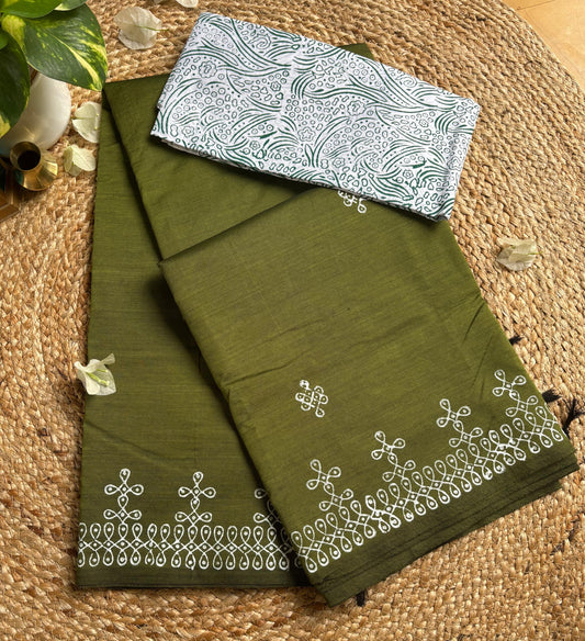 South cotton Green saree with kolam design hand block print