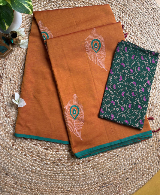 South cotton Orange saree peacock Hand block print