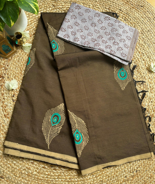 South cotton Dark green saree with peacock hand block print