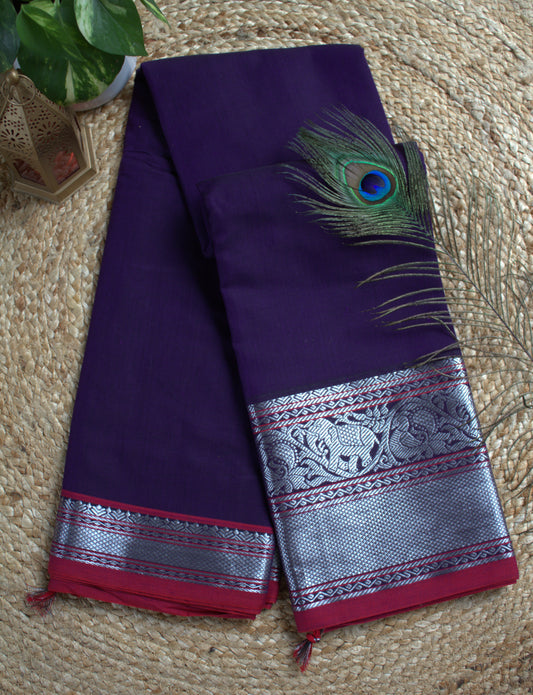 Narayanpet cotton Purple saree with Red elephant weave border and running blouse