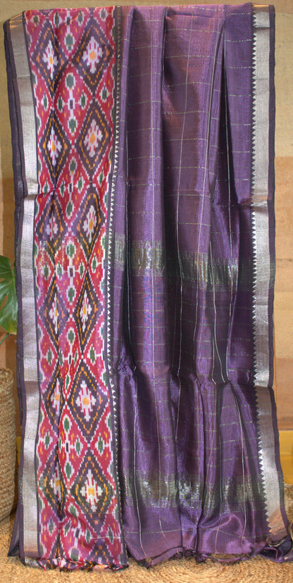 Pure Mangalgiri Purple Silk cotton saree with ikkat border and running blouse
