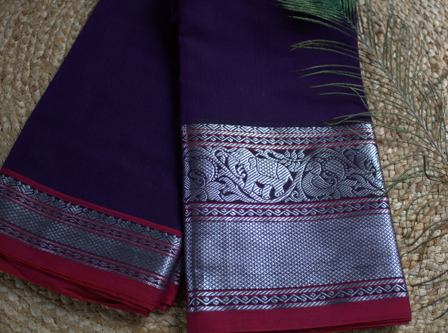 Narayanpet cotton Purple saree with Red elephant weave border and running blouse
