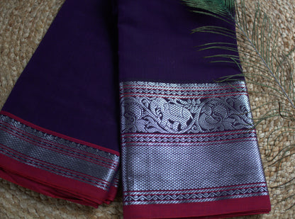 Narayanpet cotton Purple saree with Red elephant weave border and running blouse