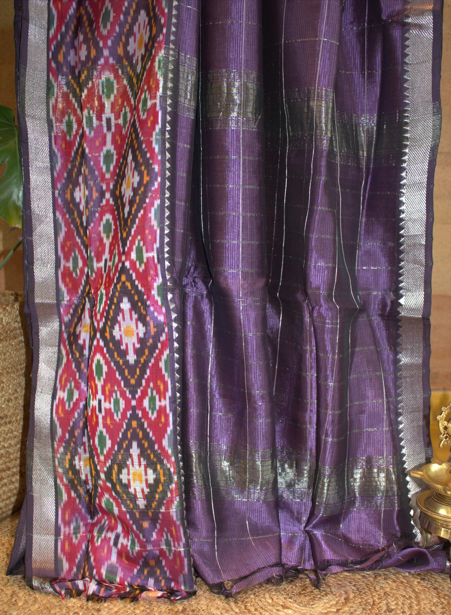 Pure Mangalgiri Purple Silk cotton saree with ikkat border and running blouse