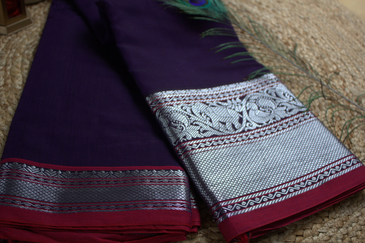 Narayanpet cotton Purple saree with Red elephant weave border and running blouse