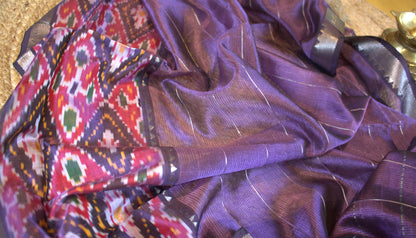 Pure Mangalgiri Purple Silk cotton saree with ikkat border and running blouse