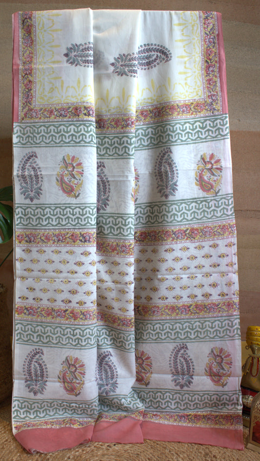 Mul cotton White Saree Sanganeri print