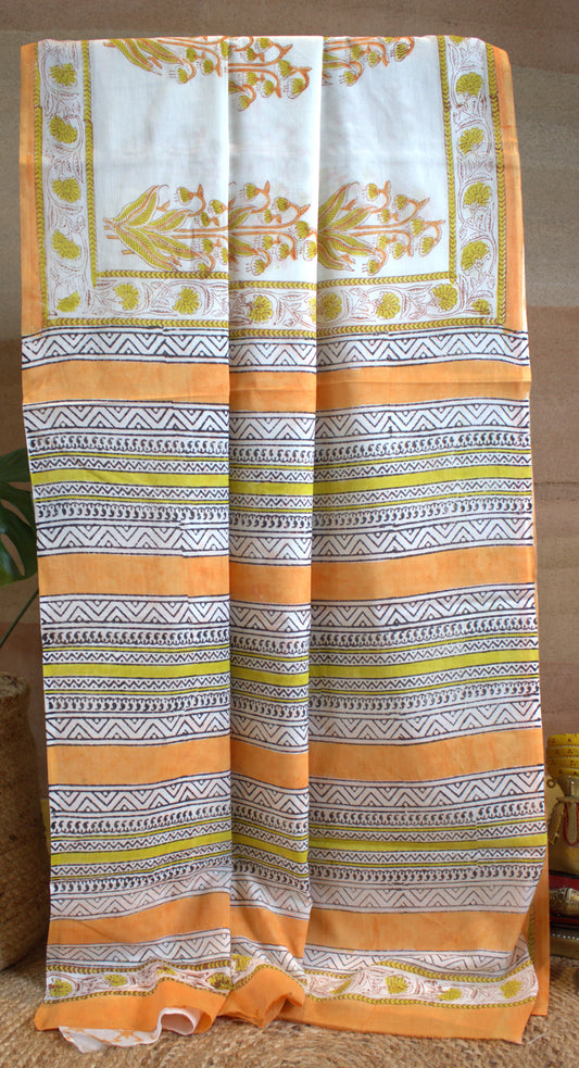 Mul cotton White Saree Hand printed
