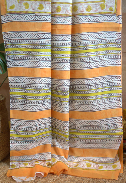 Mul cotton White Saree Hand printed