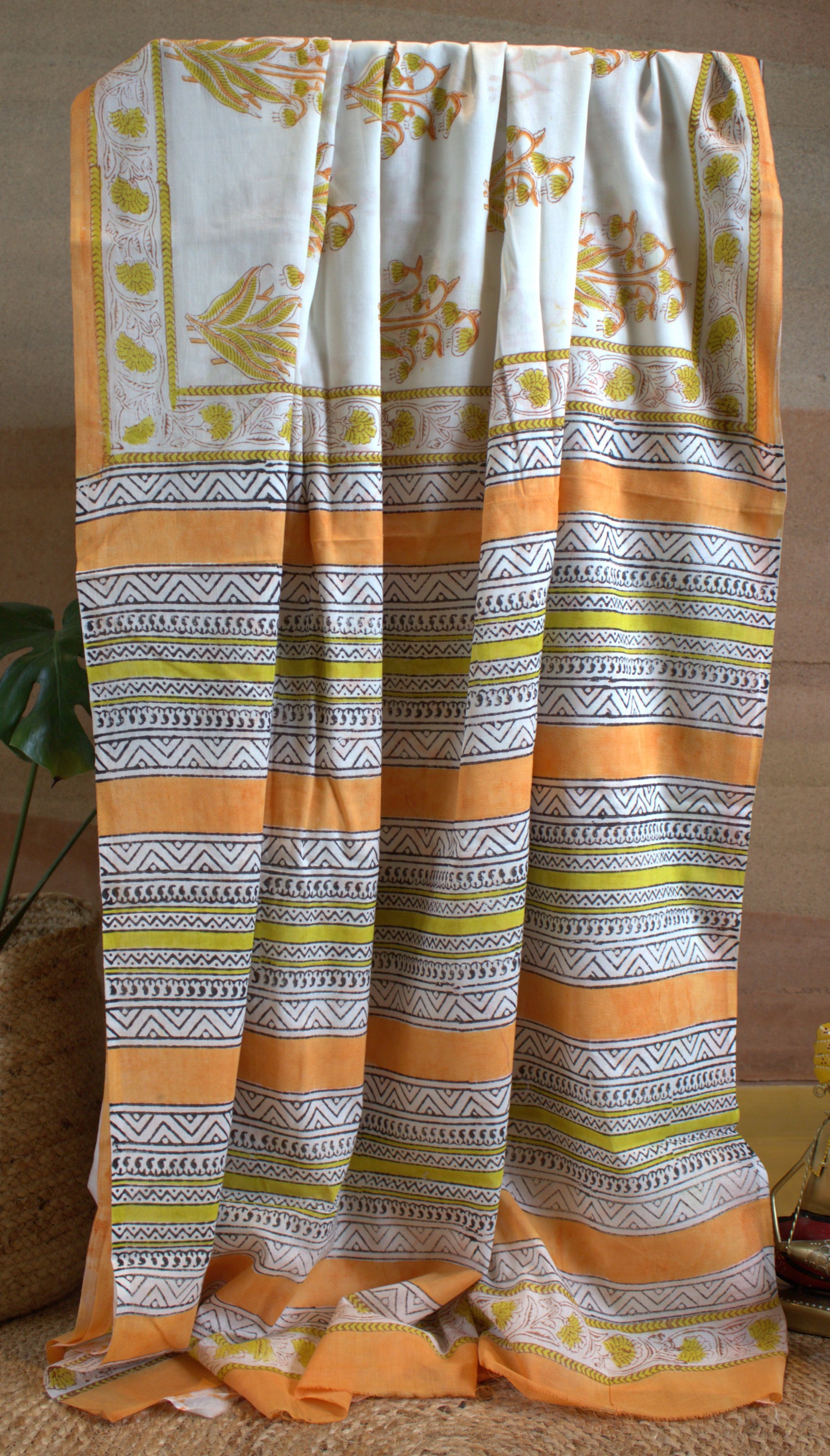 Mul cotton White Saree Hand printed