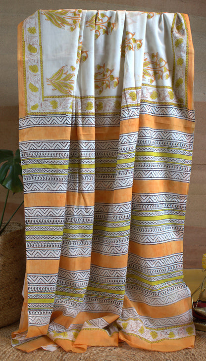 Mul cotton White Saree Hand printed