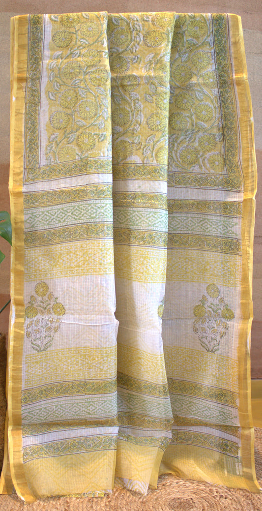 Kota White and Yellow saree with small zari border