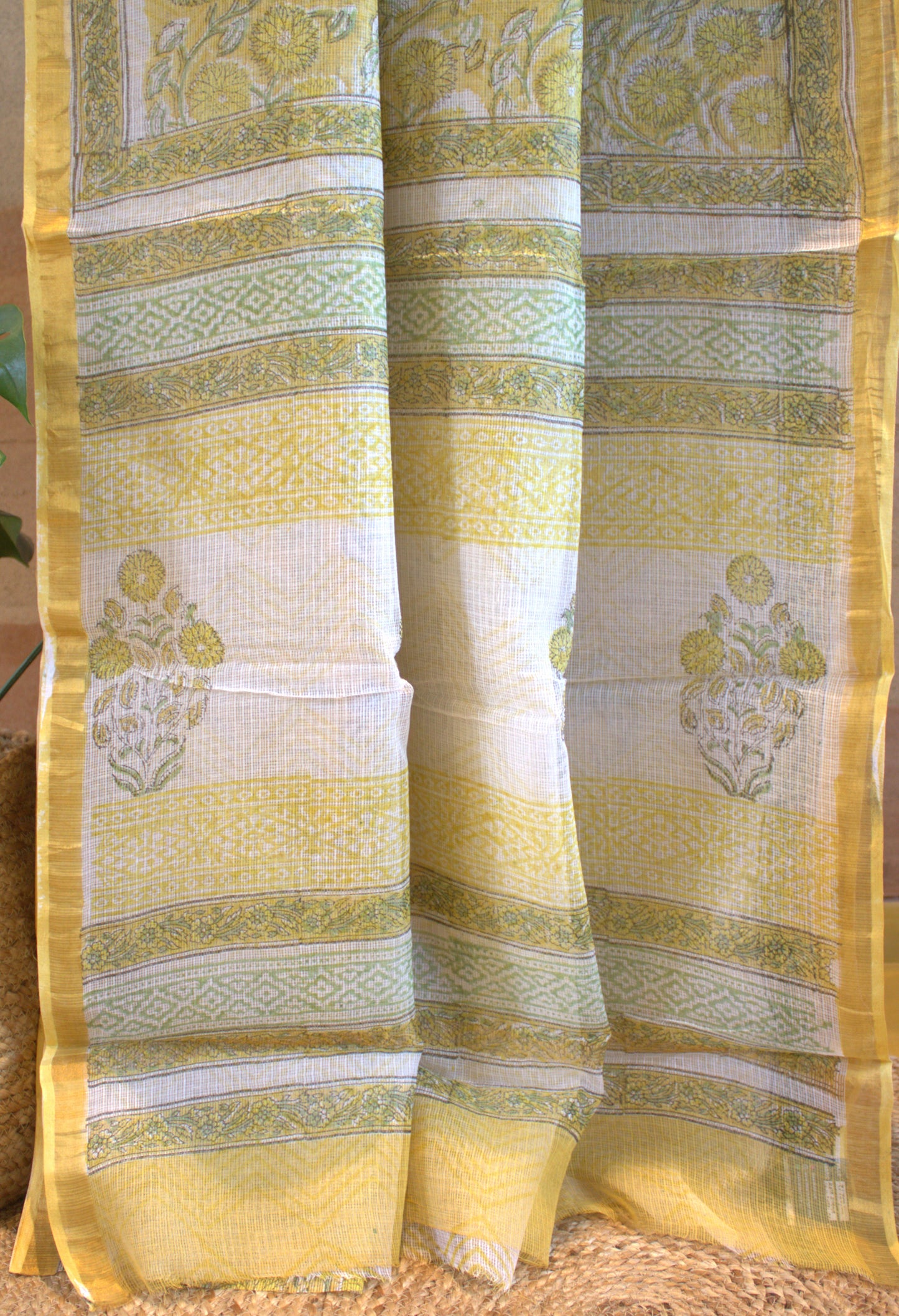 Kota White and Yellow saree with small zari border