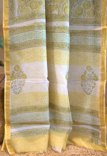 Kota White and Yellow saree with small zari border